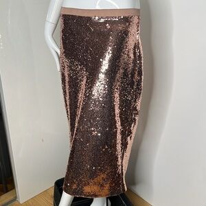 Cami Sz M Sz 6-8 Rose Gold Sequins Zip Back Elas Band Waist 31” long Skirt